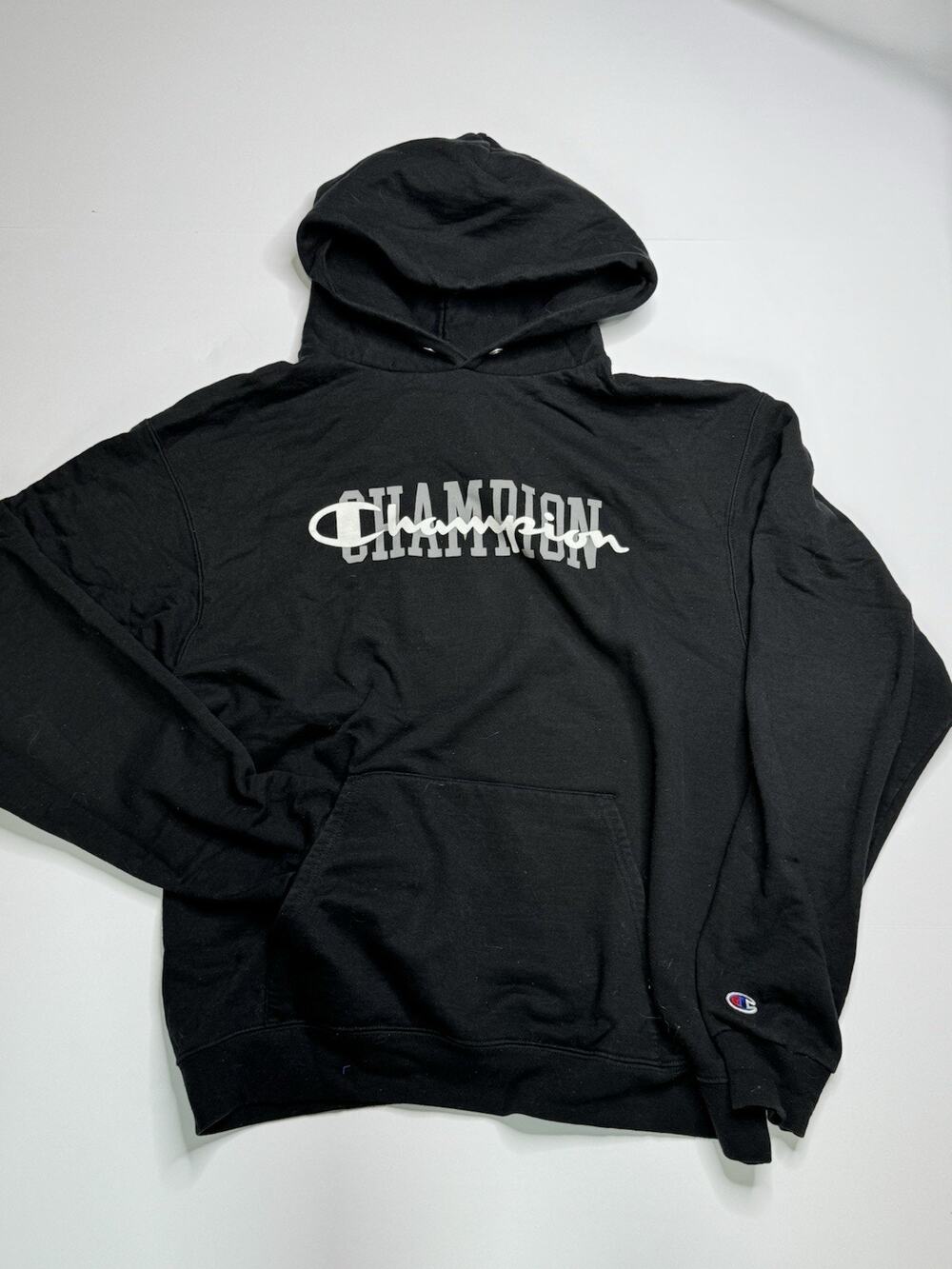 Champion Men’s Large Black Eco Authentic Graphic Logo Pullover Hoodie